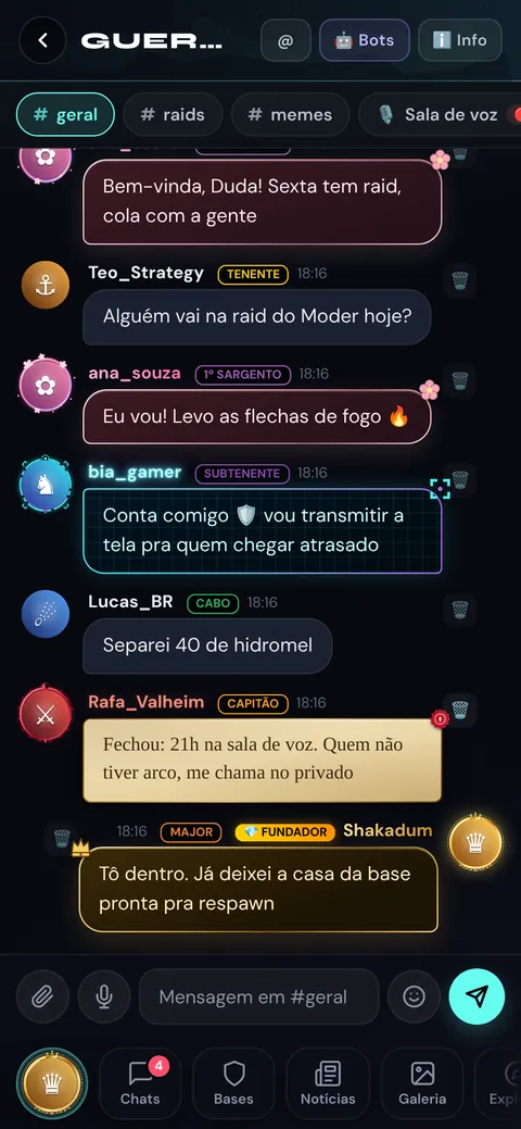Conversa no canal geral de uma base