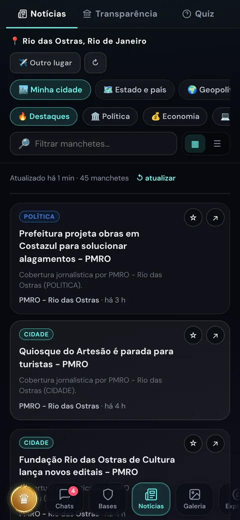 Aba de notícias com manchetes por tema